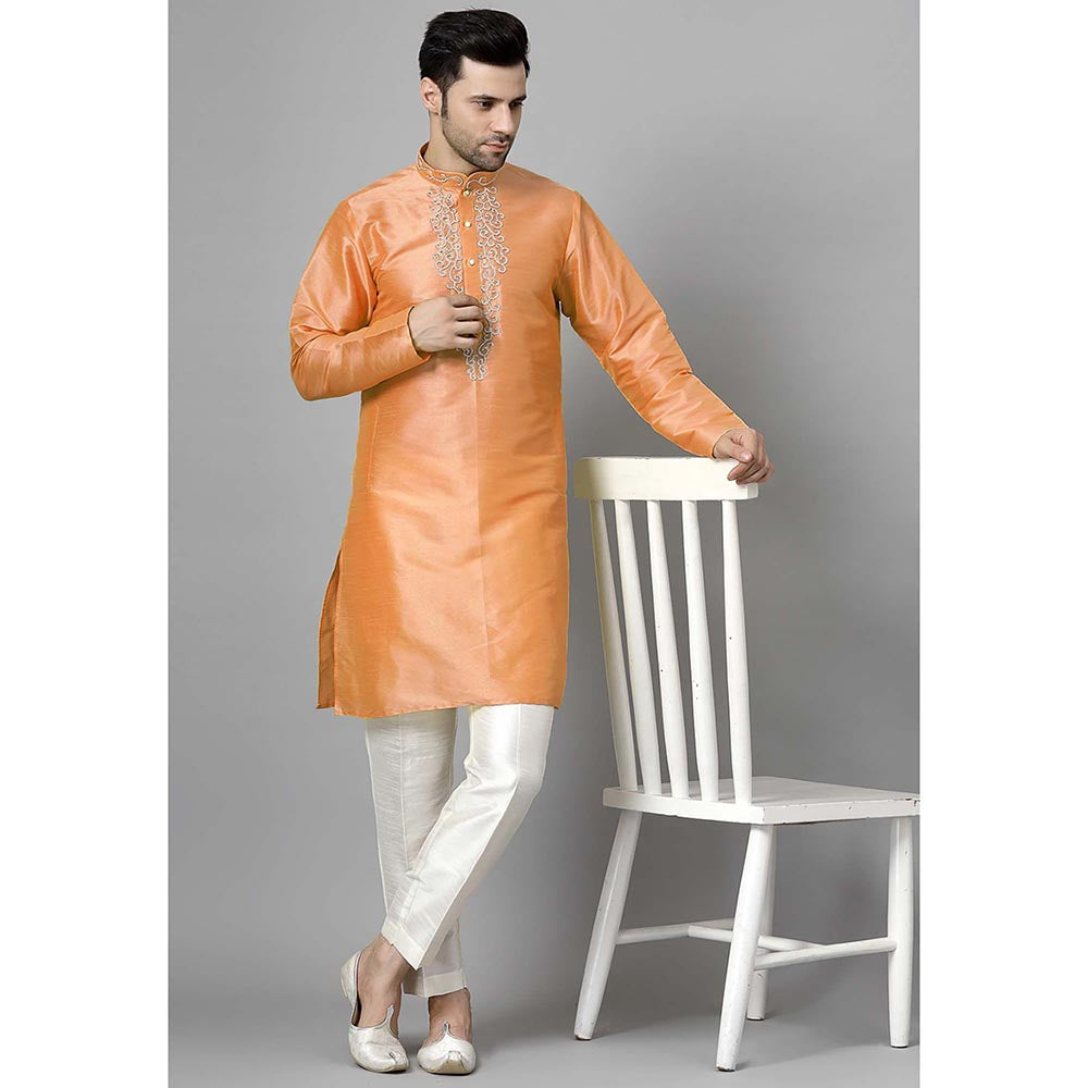 UTSAV FASHION Orange Mandarin Collar Beads and Stones Straight Kurta and Pant