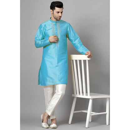 UTSAV FASHION Turquoise Mandarin Collar Beads and Stones Straight Kurta and Pant