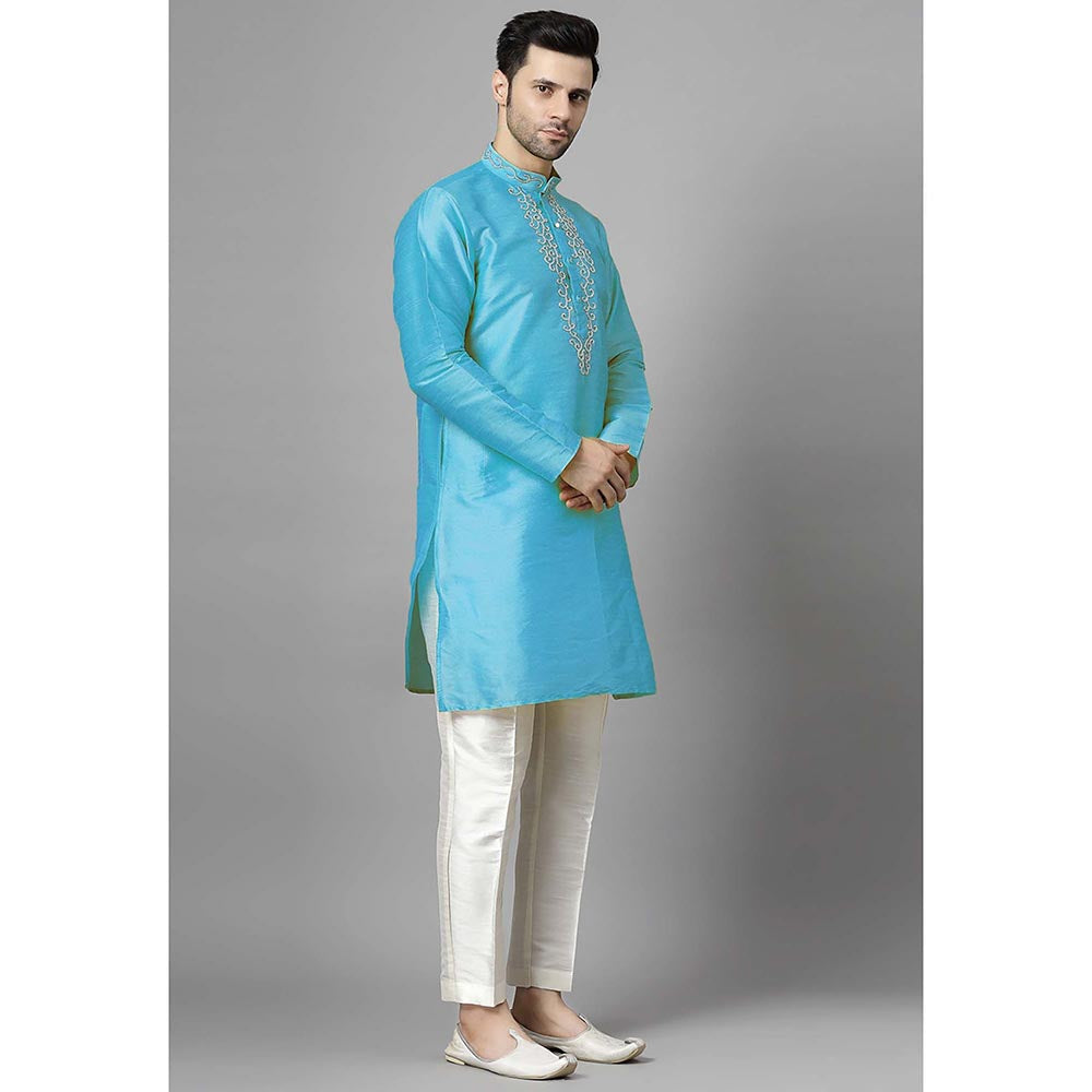 UTSAV FASHION Turquoise Mandarin Collar Beads and Stones Straight Kurta and Pant