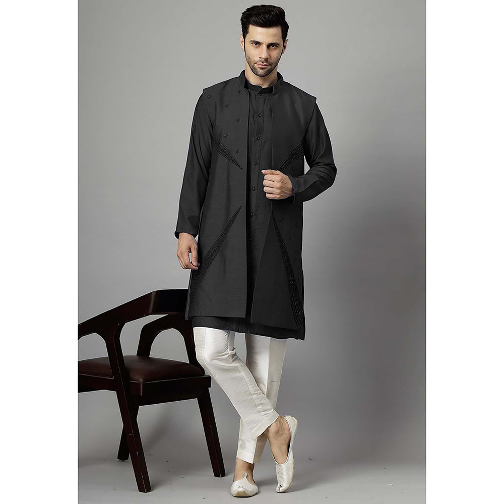 UTSAV FASHION Black Dupion Silk Straight Kurta and Pant with Jacket