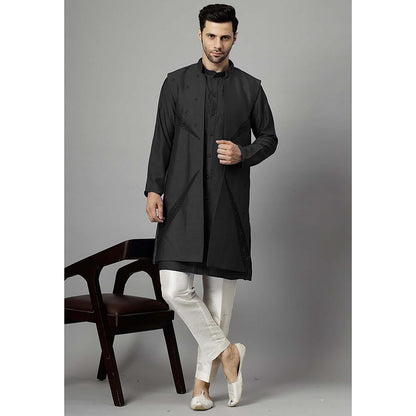 UTSAV FASHION Black Dupion Silk Straight Kurta and Pant with Jacket