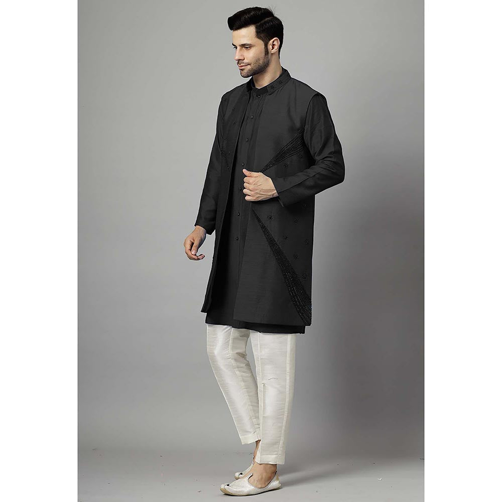 UTSAV FASHION Black Dupion Silk Straight Kurta and Pant with Jacket