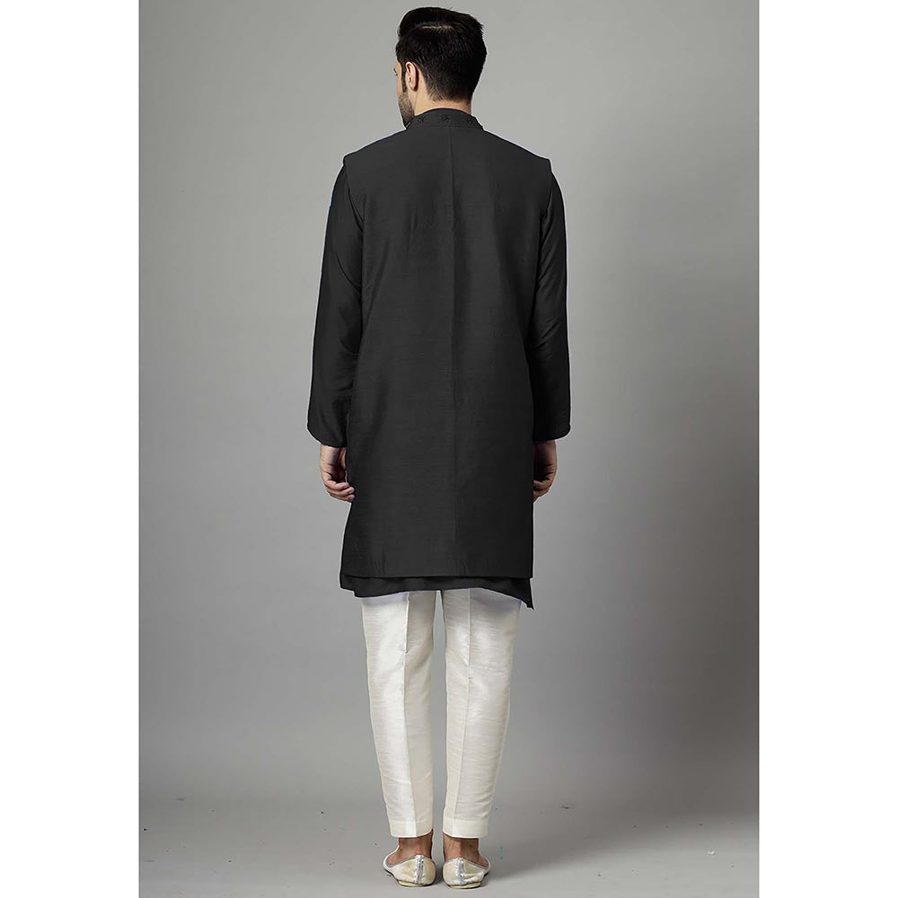 UTSAV FASHION Black Dupion Silk Straight Kurta and Pant with Jacket