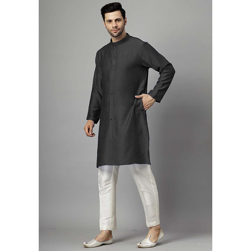 UTSAV FASHION Black Dupion Silk Straight Kurta and Pant with Jacket