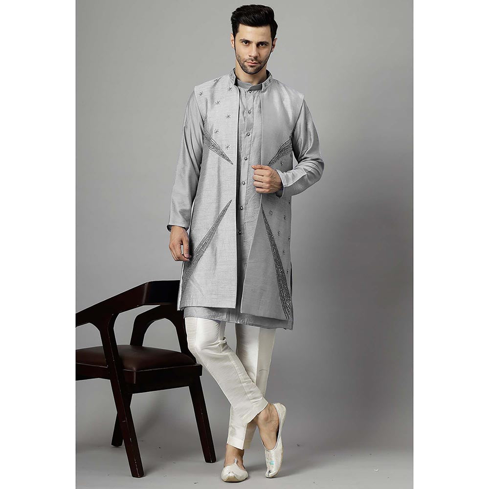 UTSAV FASHION Grey Dupion Silk Straight Kurta and Pant with Jacket