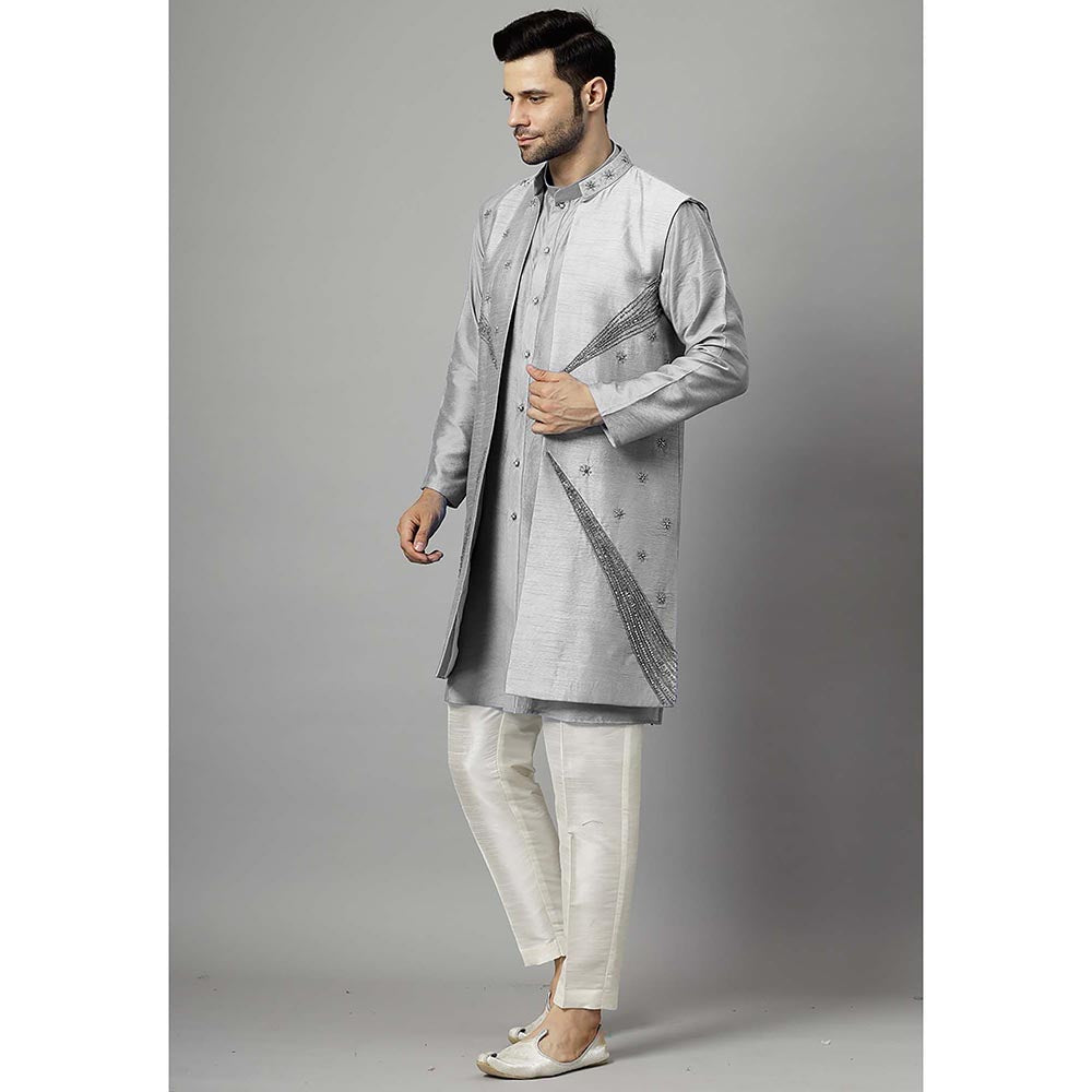 UTSAV FASHION Grey Dupion Silk Straight Kurta and Pant with Jacket