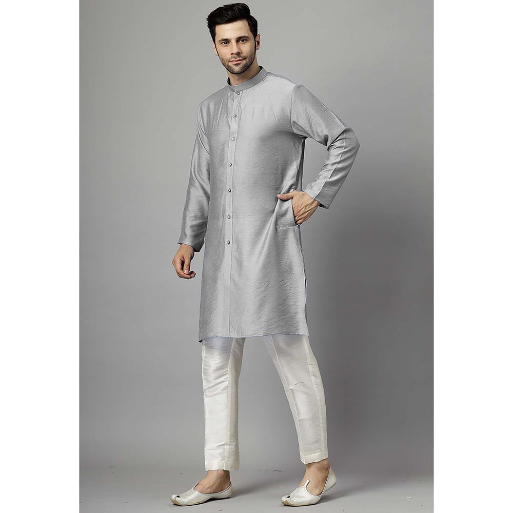 UTSAV FASHION Grey Dupion Silk Straight Kurta and Pant with Jacket