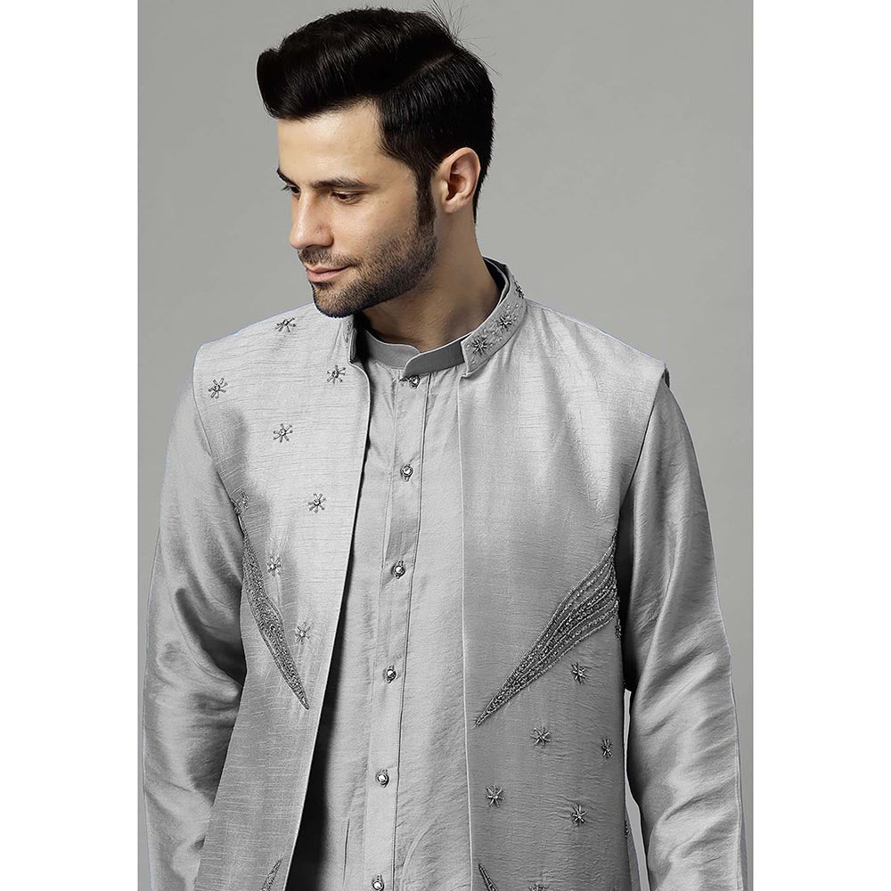 UTSAV FASHION Grey Dupion Silk Straight Kurta and Pant with Jacket