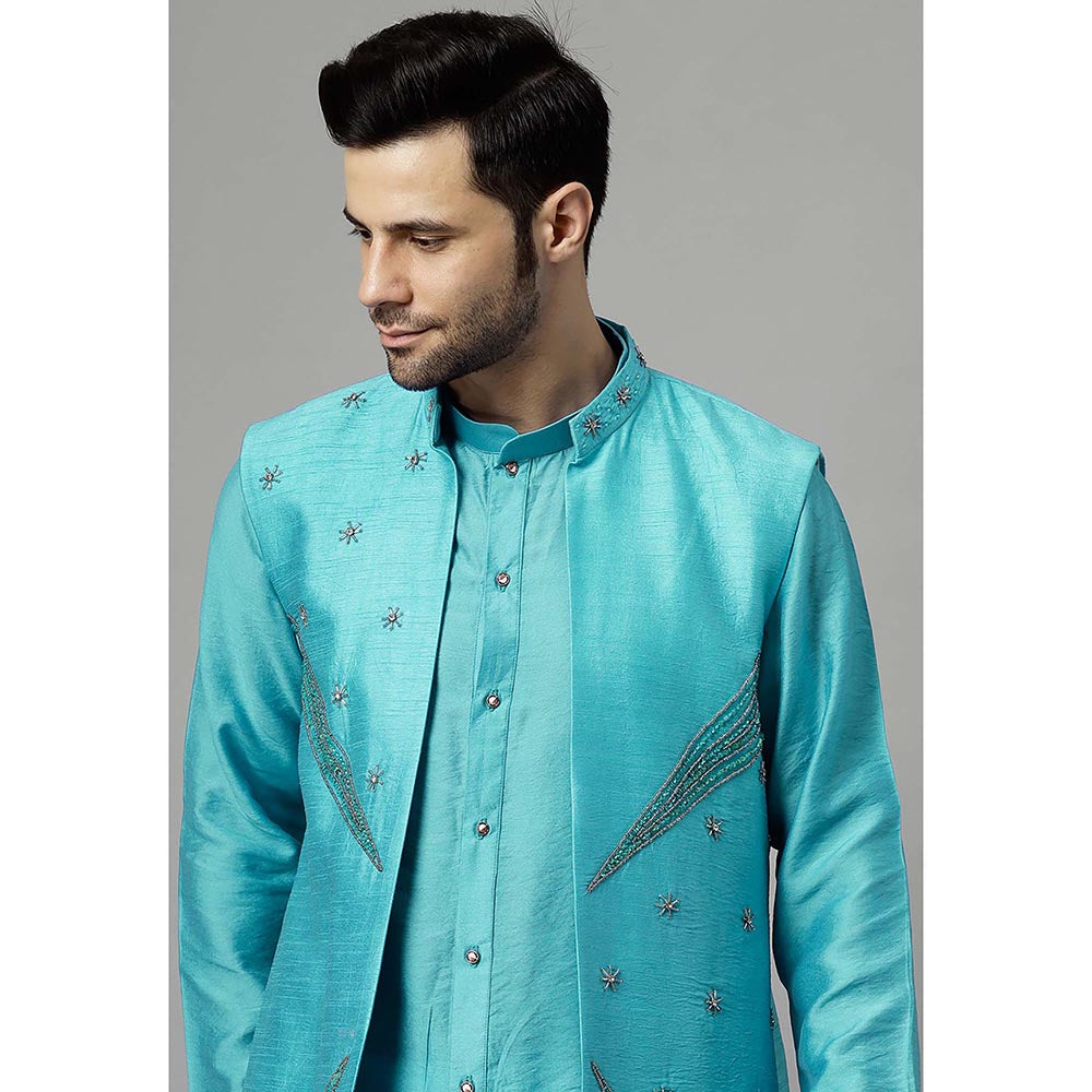 UTSAV FASHION Turquoise Dupion Silk Straight Kurta and Pant with Jacket