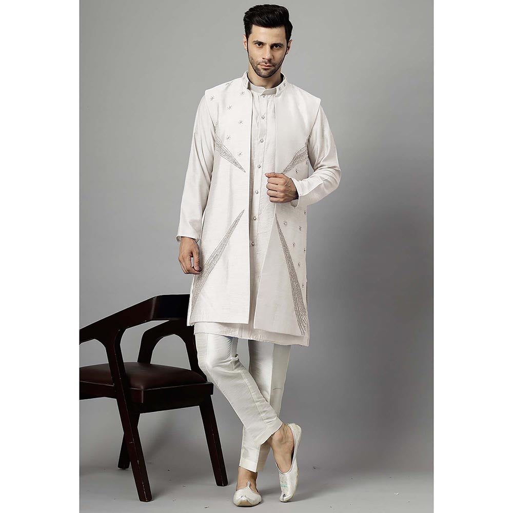 UTSAV FASHION Off White Dupion Silk Straight Kurta and Pant with Jacket