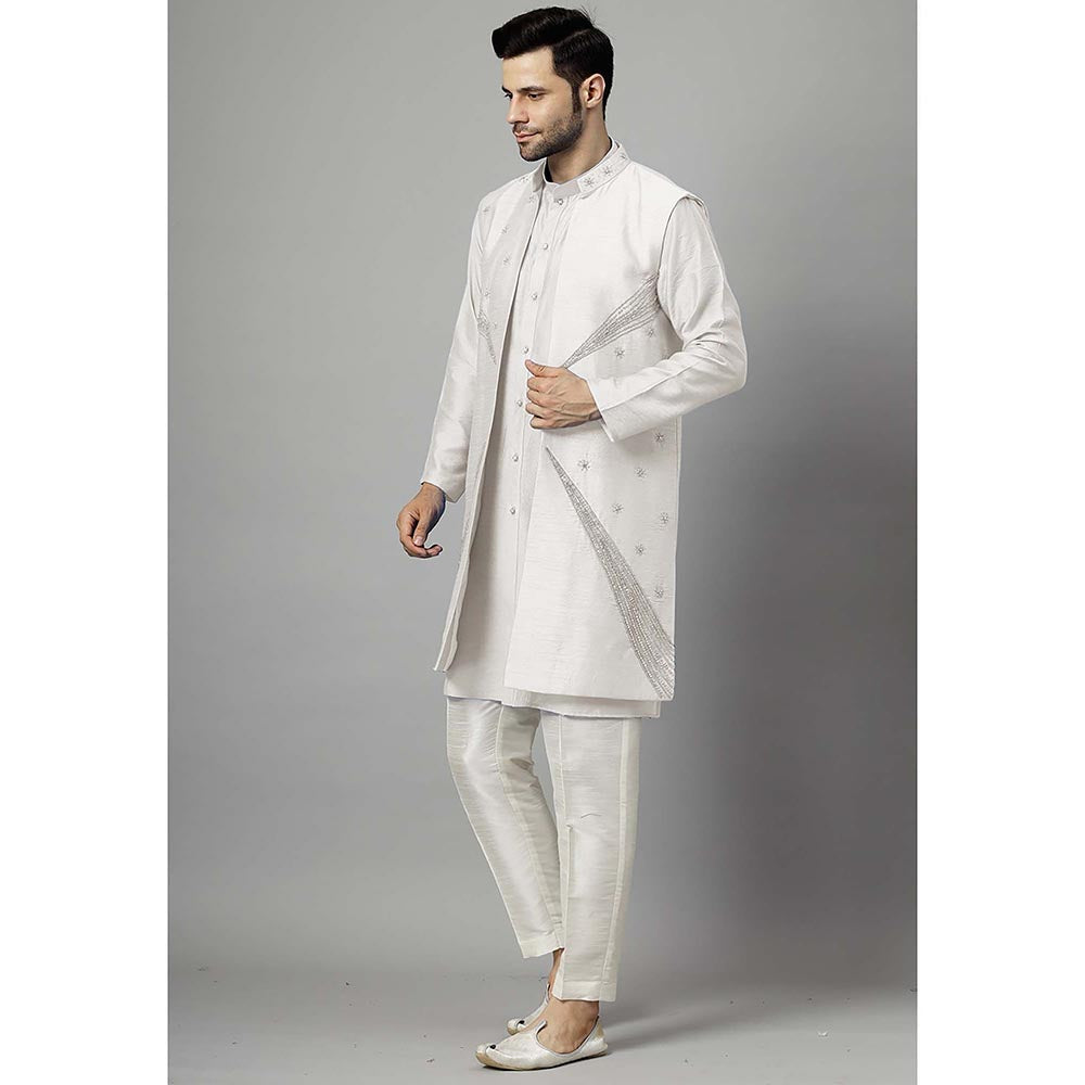 UTSAV FASHION Off White Dupion Silk Straight Kurta and Pant with Jacket