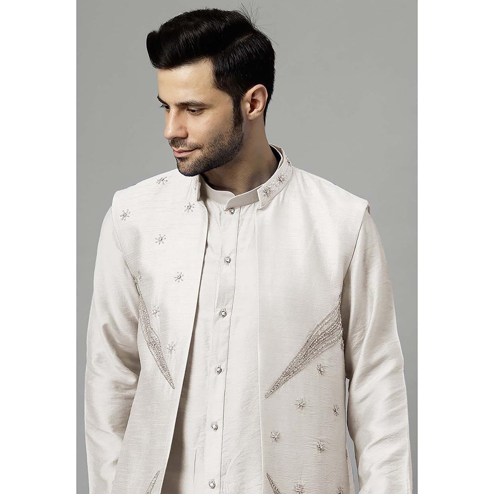 UTSAV FASHION Off White Dupion Silk Straight Kurta and Pant with Jacket
