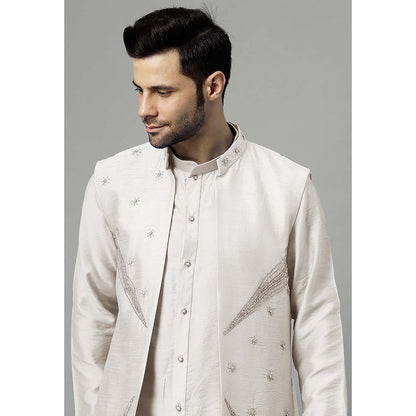 UTSAV FASHION Off White Dupion Silk Straight Kurta and Pant with Jacket