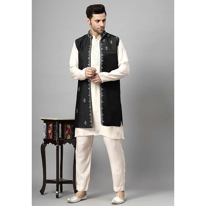 UTSAV FASHION Men Black Beads and Stones Kurta with Pant and Jacket