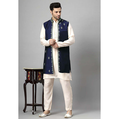 UTSAV FASHION Men Navy Blue Beads and Stones Kurta with Pant and Jacket