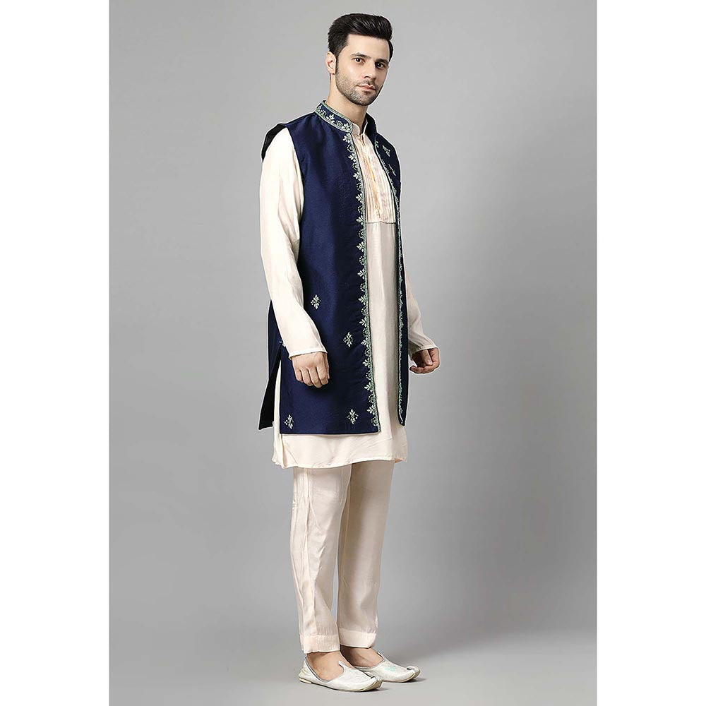 UTSAV FASHION Men Navy Blue Beads and Stones Kurta with Pant and Jacket
