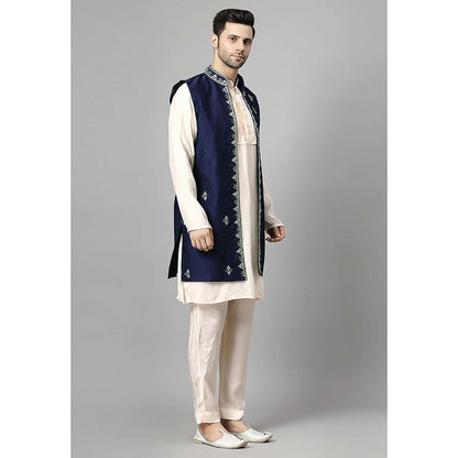 UTSAV FASHION Men Navy Blue Beads and Stones Kurta with Pant and Jacket