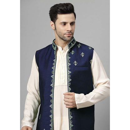UTSAV FASHION Men Navy Blue Beads and Stones Kurta with Pant and Jacket