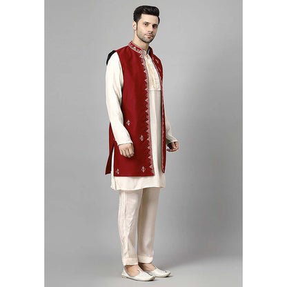 UTSAV FASHION Men Red Beads and Stones Kurta with Pant and Jacket