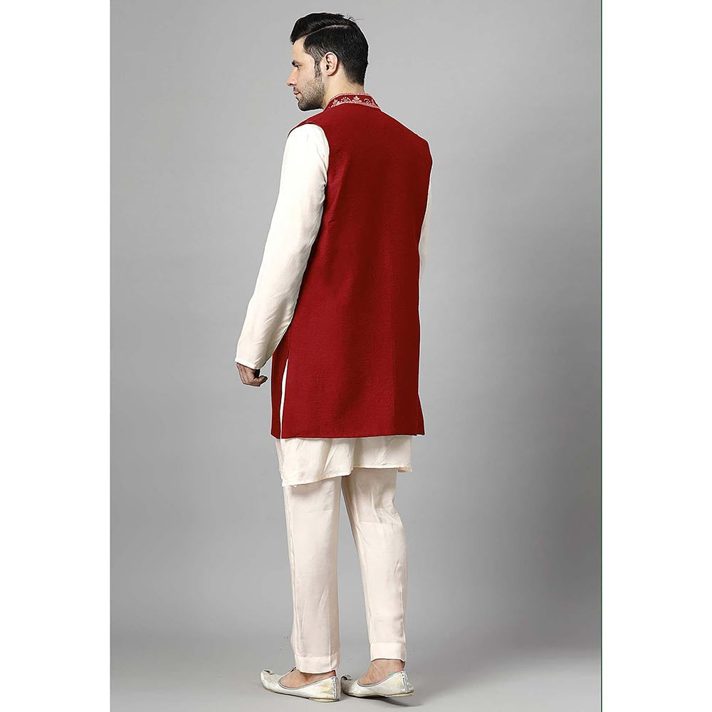 UTSAV FASHION Men Red Beads and Stones Kurta with Pant and Jacket