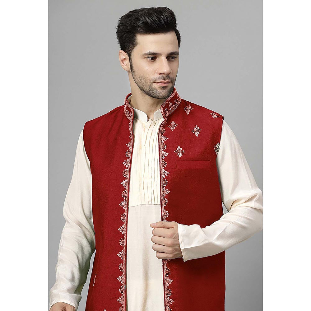 UTSAV FASHION Men Red Beads and Stones Kurta with Pant and Jacket