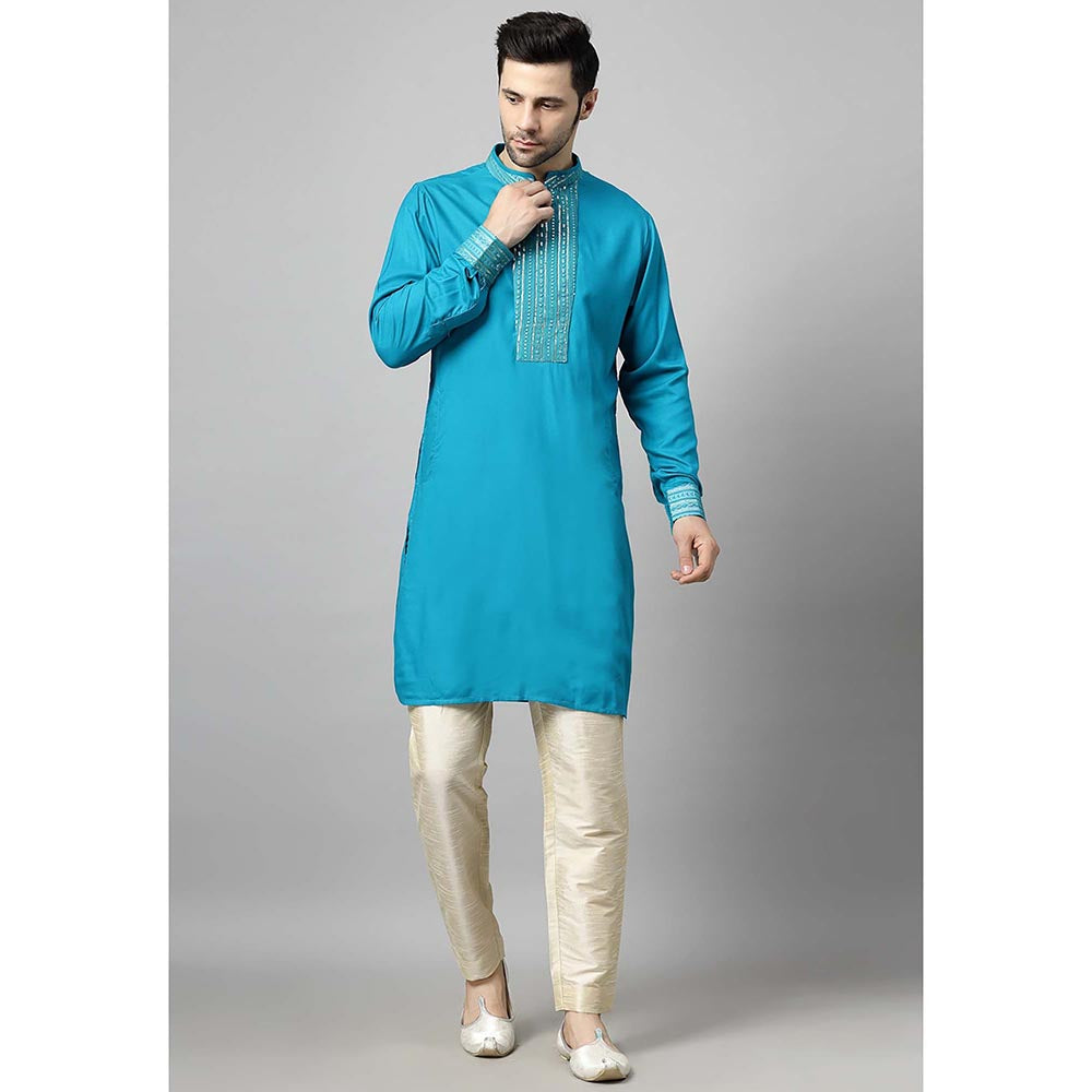 UTSAV FASHION Men Blue Sequined Mandarin Collar Kurta and Pant