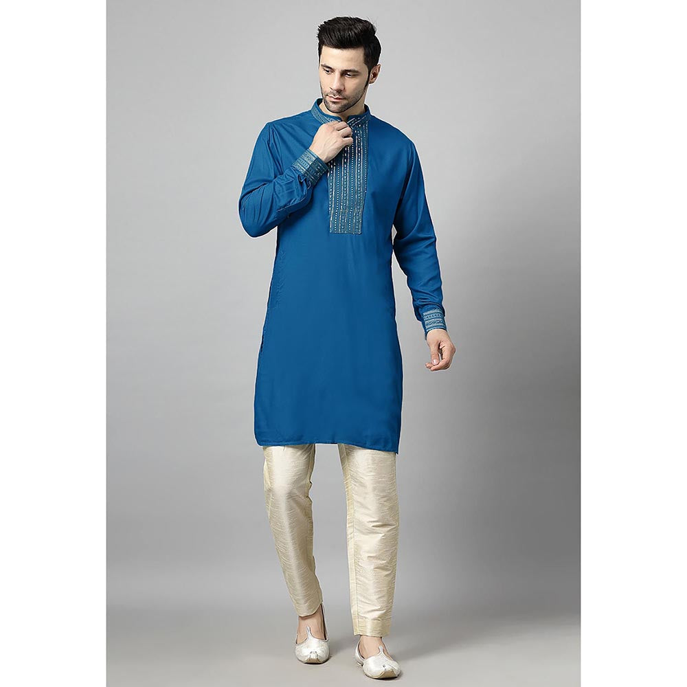 UTSAV FASHION Blue Sequinned Mandarin Collar Straight Kurta and Pant