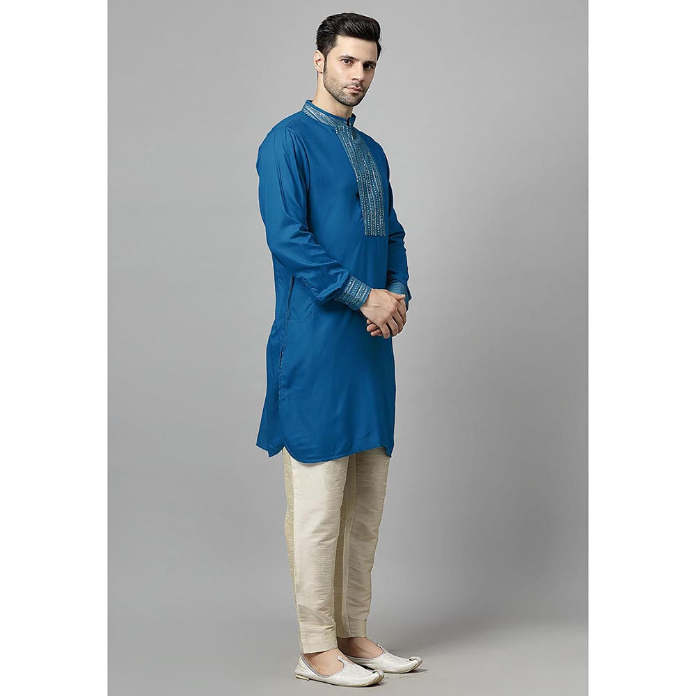 UTSAV FASHION Blue Sequinned Mandarin Collar Straight Kurta and Pant