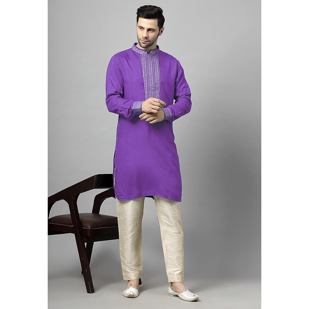 UTSAV FASHION Purple Sequinned Mandarin Collar Straight Kurta and Pant