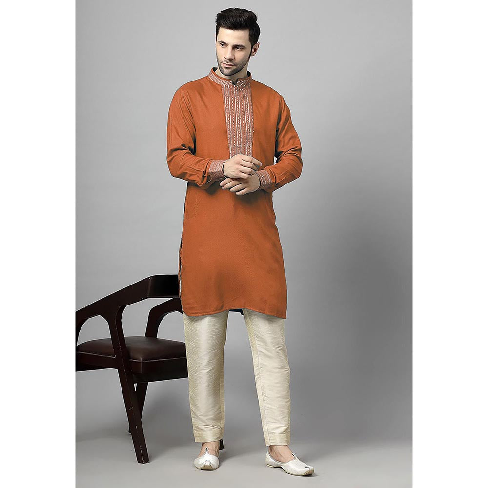 UTSAV FASHION Orange Sequinned Mandarin Collar Straight Kurta and Pant