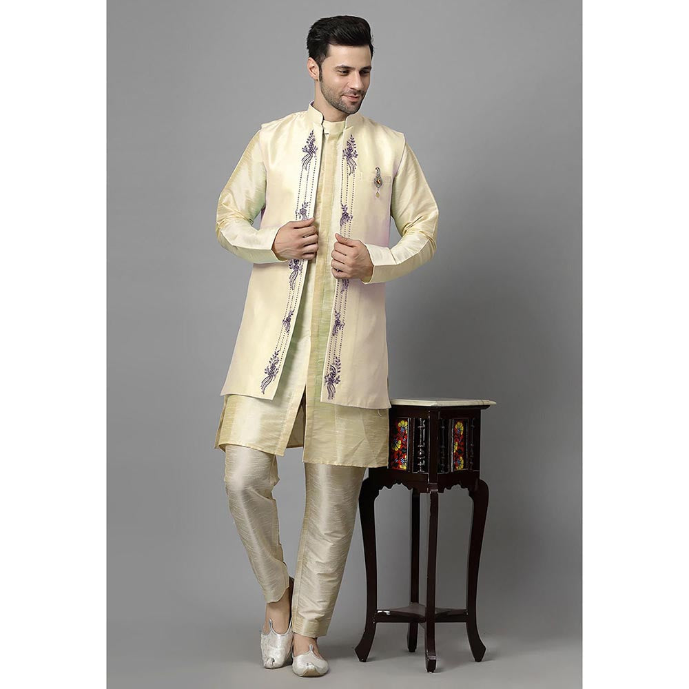 UTSAV FASHION Men Beige Ethnic Beads and Stones Kurta Pant and Jacket