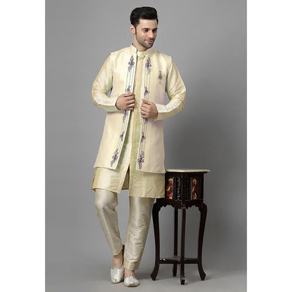 UTSAV FASHION Men Beige Ethnic Beads and Stones Kurta Pant and Jacket