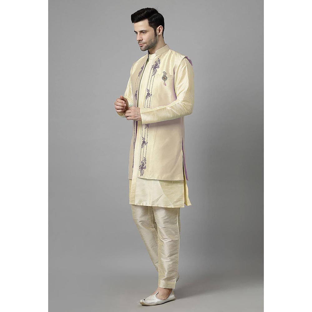 UTSAV FASHION Men Beige Ethnic Beads and Stones Kurta Pant and Jacket