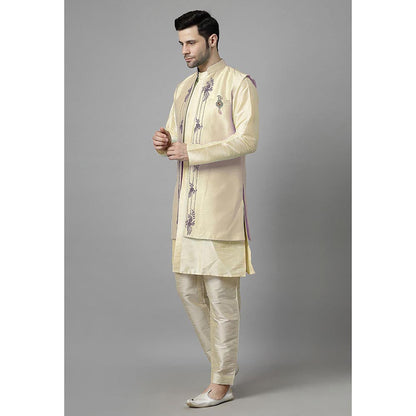 UTSAV FASHION Men Beige Ethnic Beads and Stones Kurta Pant and Jacket