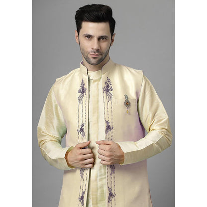 UTSAV FASHION Men Beige Ethnic Beads and Stones Kurta Pant and Jacket