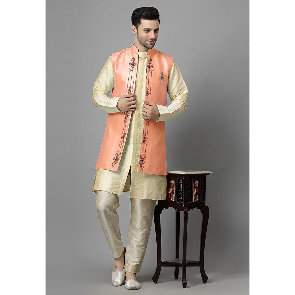 UTSAV FASHION Men Orange Ethnic Beads and Stones Kurta Pant and Jacket