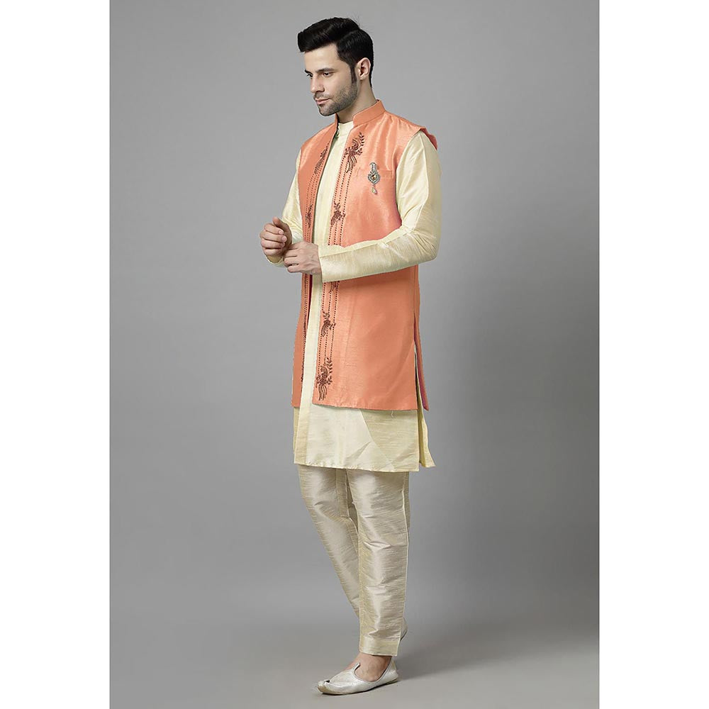 UTSAV FASHION Men Orange Ethnic Beads and Stones Kurta Pant and Jacket