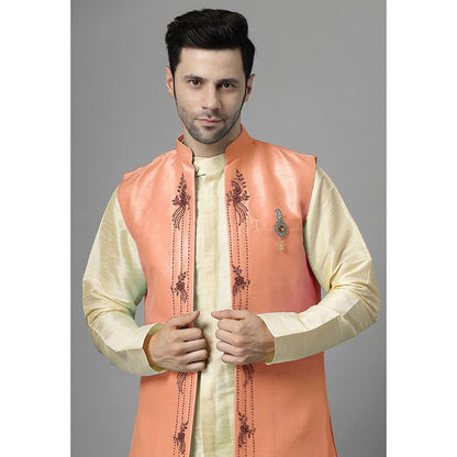 UTSAV FASHION Men Orange Ethnic Beads and Stones Kurta Pant and Jacket