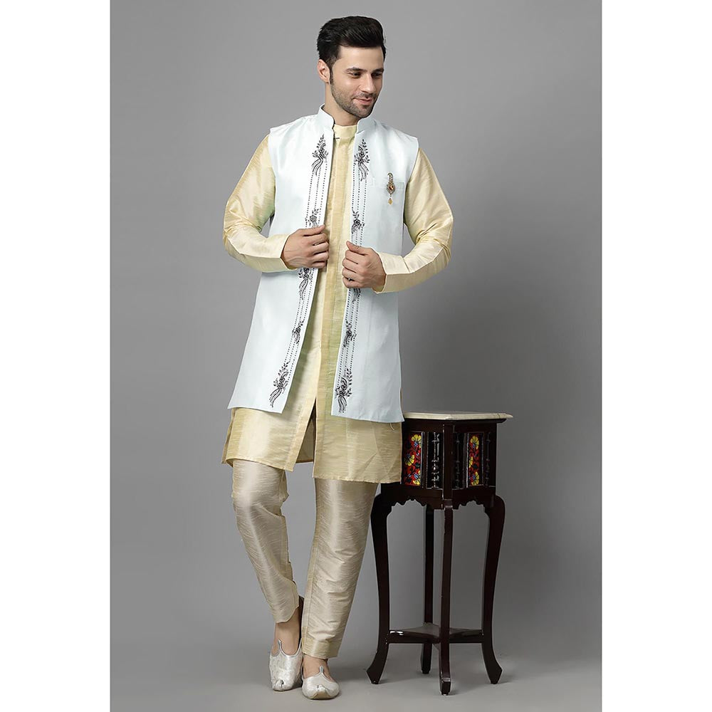 UTSAV FASHION Men Blue Ethnic Beads and Stones Kurta Pant and Jacket