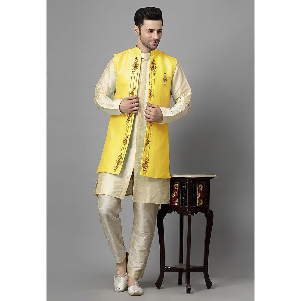 UTSAV FASHION Men Yellow Ethnic Beads and Stones Kurta Pant and Jacket