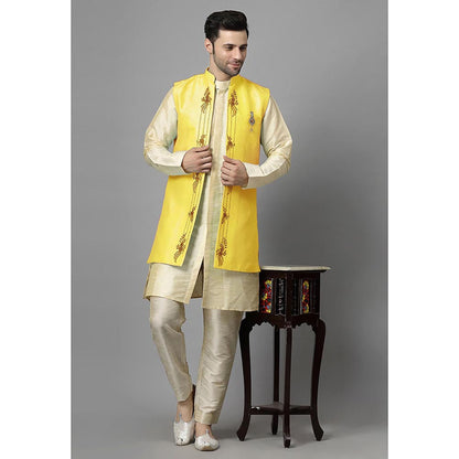 UTSAV FASHION Men Yellow Ethnic Beads and Stones Kurta Pant and Jacket
