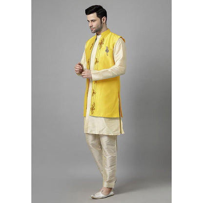 UTSAV FASHION Men Yellow Ethnic Beads and Stones Kurta Pant and Jacket