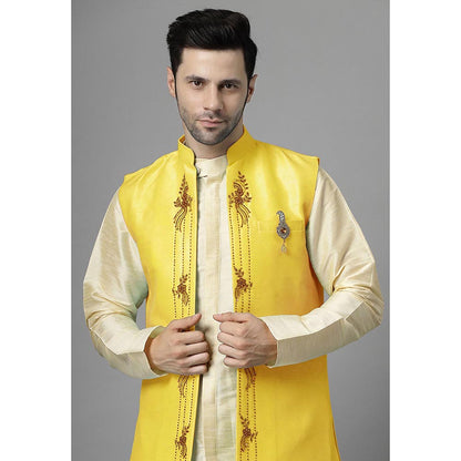 UTSAV FASHION Men Yellow Ethnic Beads and Stones Kurta Pant and Jacket