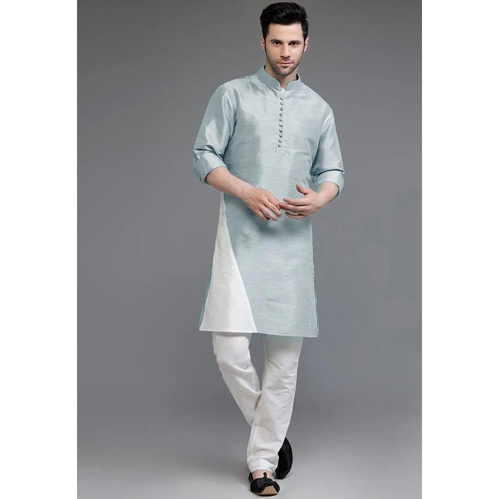 UTSAV FASHION Grey Mandarin Collar Silk Kurta and Pant
