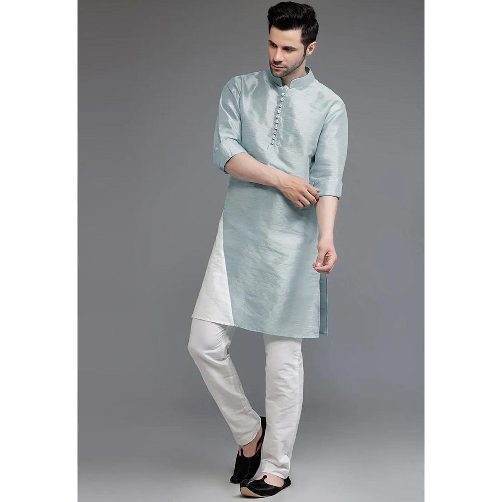 UTSAV FASHION Grey Mandarin Collar Silk Kurta and Pant