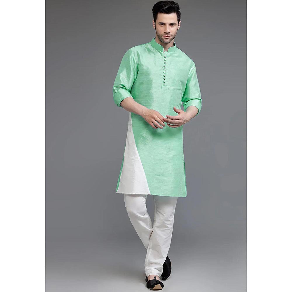 UTSAV FASHION Green Mandarin Collar Silk Kurta and Pant
