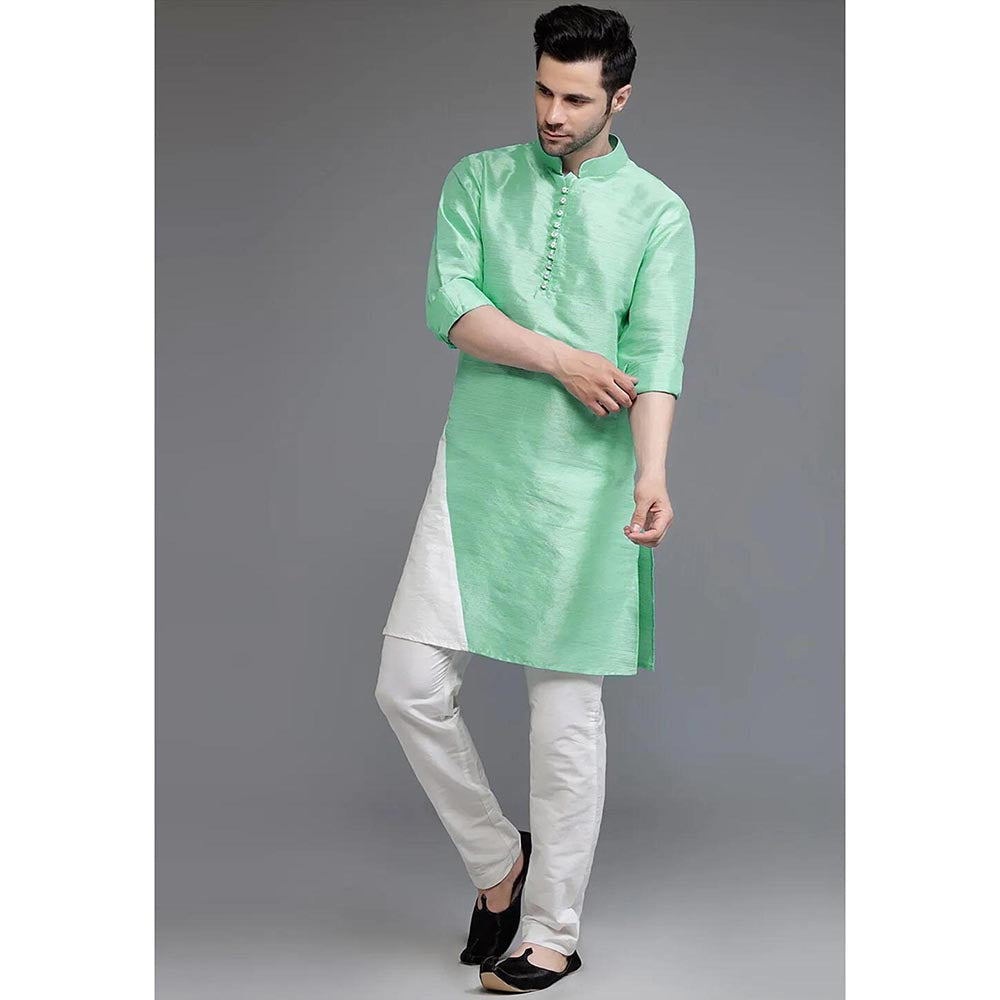 UTSAV FASHION Green Mandarin Collar Silk Kurta and Pant