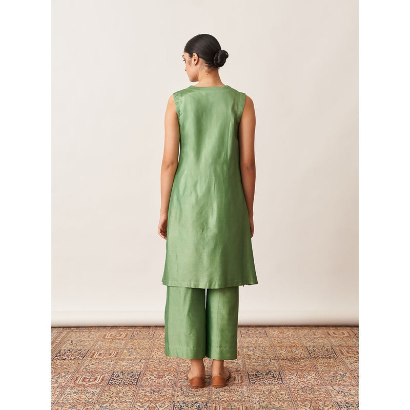 Vaaya The Pista Green Silk Chanderi Ensemble Kurta with Overlay and Palazzo (Set of 3)