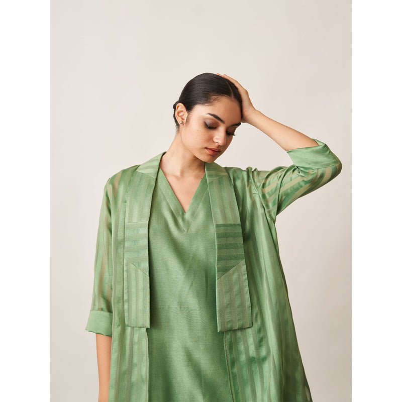 Vaaya The Pista Green Silk Chanderi Ensemble Kurta with Overlay and Palazzo (Set of 3)