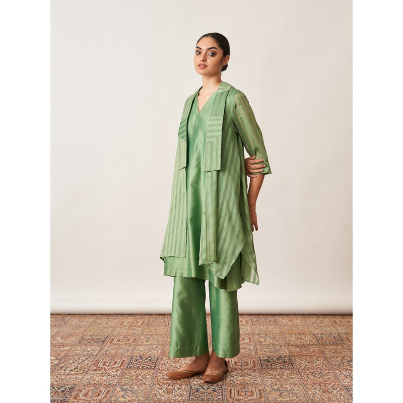 Vaaya The Pista Green Silk Chanderi Ensemble Kurta with Overlay and Palazzo (Set of 3)